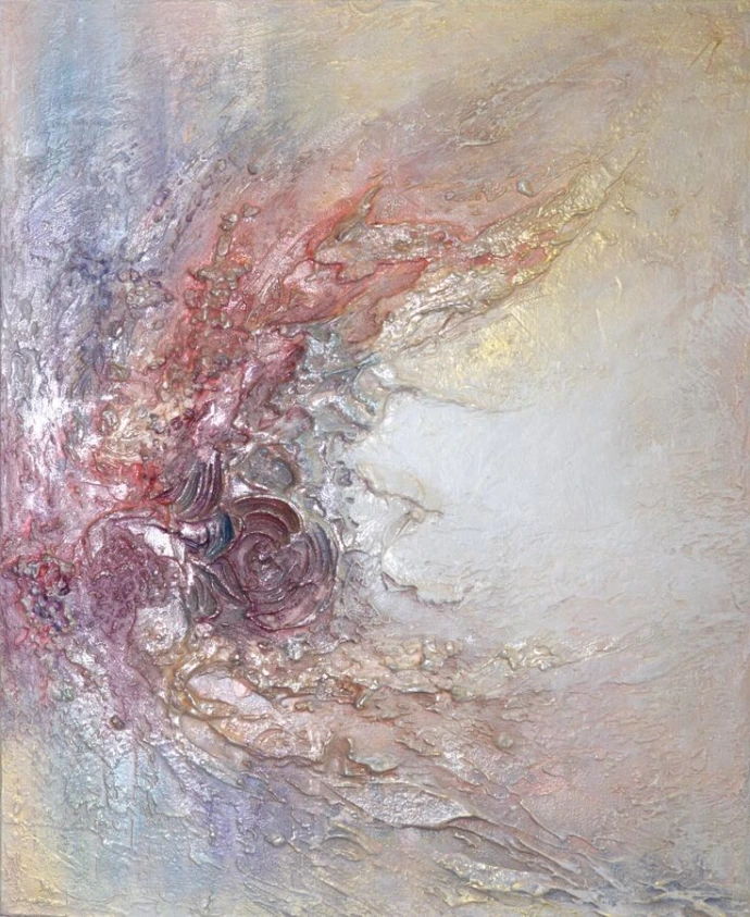 Abstract schilderij "Baroque Dreams of Montmartre" van Yelena Bondarenko, 50×40 cm: roze, rode en goudkleurige reliëfvormen op pastel