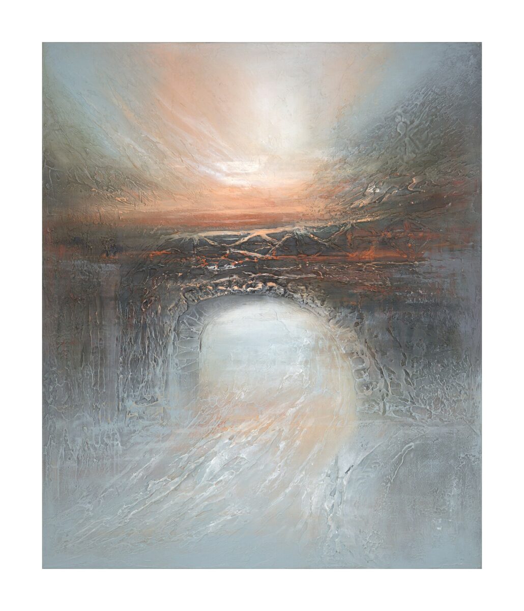 Abstract painting "Misty Crossing" by Yelena Bondarenko, 120 × 100 cm, texture and acrylic on linen